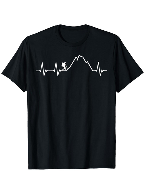 Men's Graphic T-Shirt Heartbeat Line With Hiker Walking Mountain Peaks Under Sky