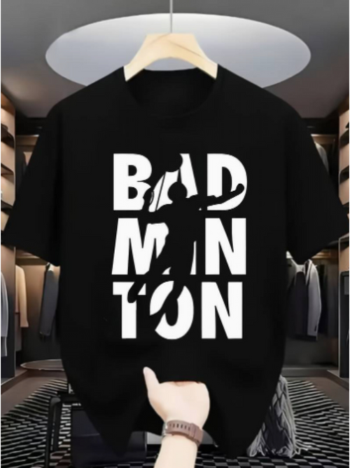 Men's Graphic T-Shirt Badminton Player Silhouette Among Bold White Block Letters Shirt