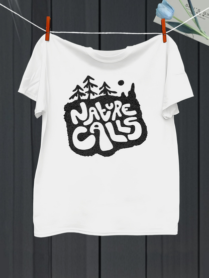 Men's Graphic T-Shirt Nature Calls Stylized Text With Pine Trees And Sunrise Above Wilderness