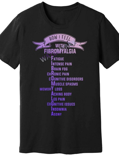 Men's Graphic T-Shirt How I Feel With Fibromyalgia Words In Soft Purple Ribbon Banner Typography On Black Shirt