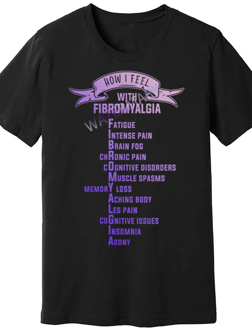 Men's Graphic T-Shirt How I Feel With Fibromyalgia Words In Soft Purple Ribbon Banner Typography On Black Shirt
