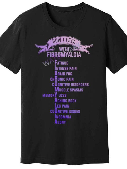 Men's Graphic T-Shirt How I Feel With Fibromyalgia Words In Soft Purple Ribbon Banner Typography On Black Shirt