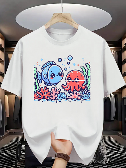 Men's Graphic T-Shirt Bright Coral Reef With Cute Fish Among Colorful Seaweed And Vibrant Octopus