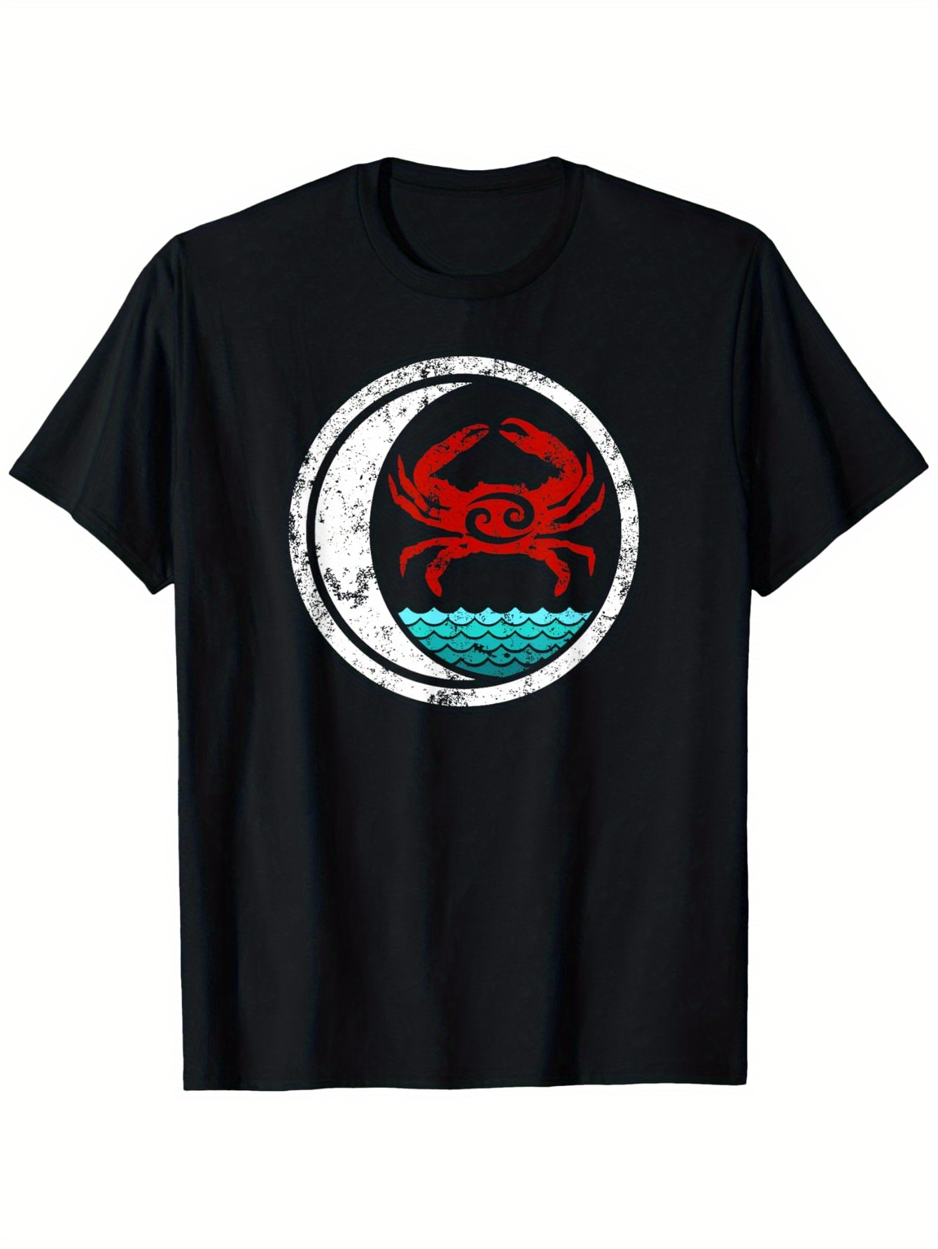 Men's Graphic T-Shirt Bold Red Crab Above Patterned Aqua Blue Waves Circle