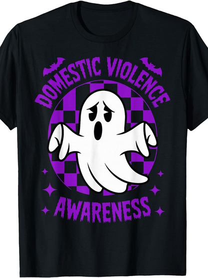 Men's Graphic T-Shirt Domestic Violence Awareness Purple Bat Decor Checkered Haunted Ghost