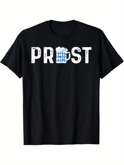 Men's Graphic T-Shirt Prost Blue Checkered Beer Mug With Bold White Typography