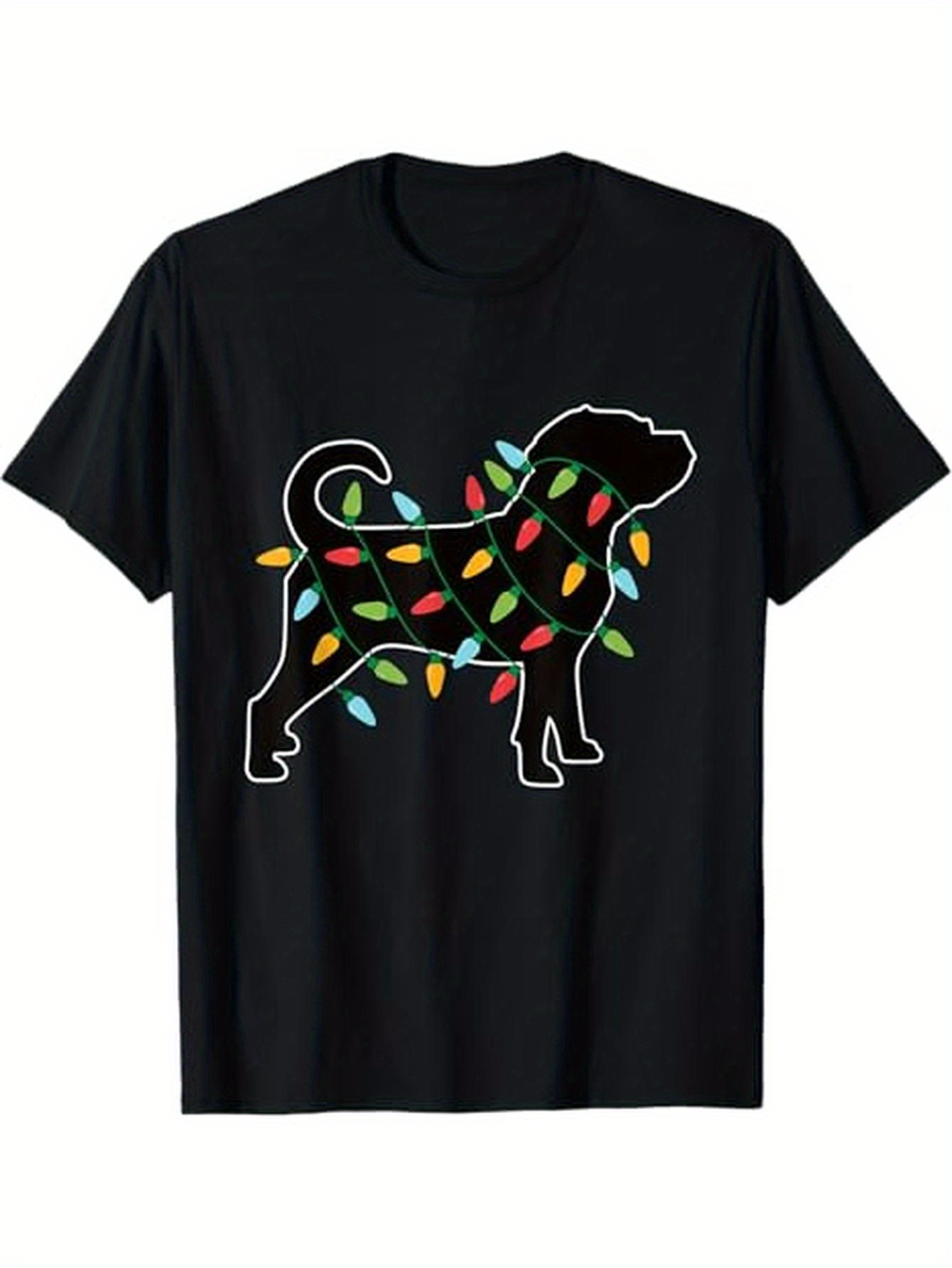 Men's Graphic T-Shirt Festive Colored Lights Wrapped Around Silhouette Of Standing Dog