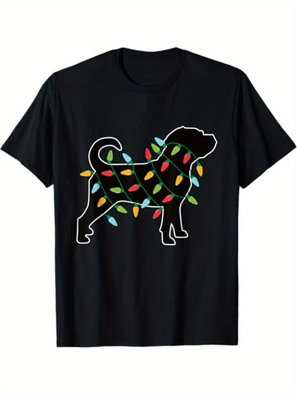 Men's Graphic T-Shirt Festive Colored Lights Wrapped Around Silhouette Of Standing Dog