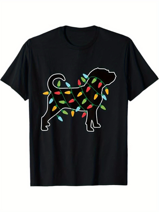 Men's Graphic T-Shirt Festive Colored Lights Wrapped Around Silhouette Of Standing Dog