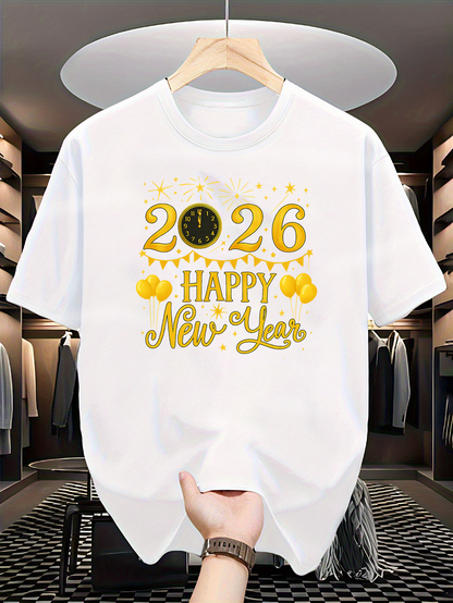 Men's Graphic T-Shirt Happy New Year Gold Celebration Letters With Sparkling Clock And Balloons
