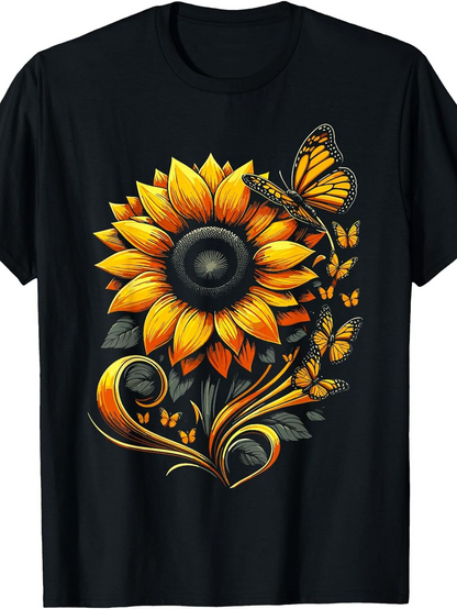 Men's Graphic T-Shirt Golden Sunlit Curves With Butterflies Dancing Around Vibrant Sunflower