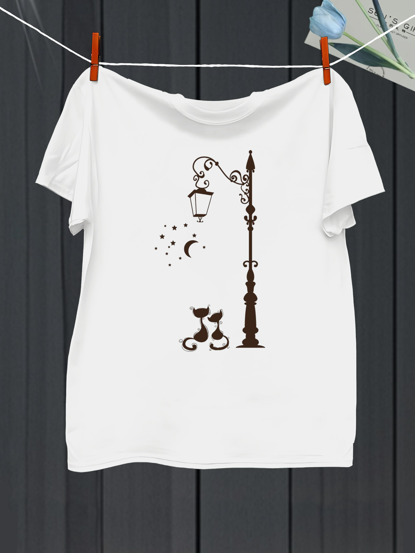 Men's Graphic T-Shirt Night Stars With Street Lamp Two Cats And Crescent Moon