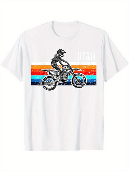 Men's Graphic T-Shirt Utah Vintage Sunset Rainbow Stripes With Riding Motocross Bike