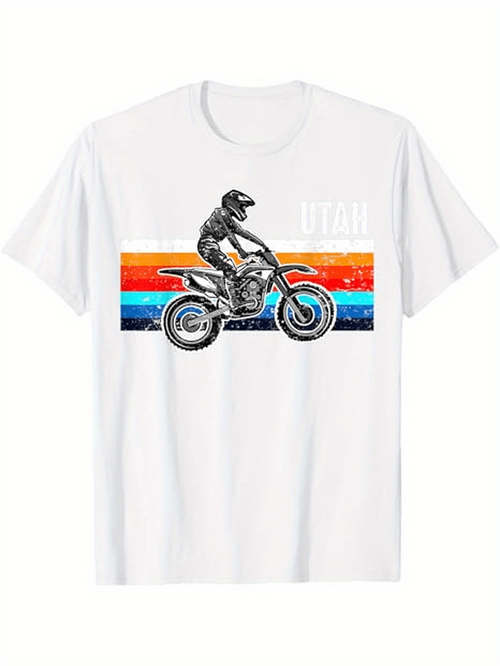 Men's Graphic T-Shirt Utah Vintage Sunset Rainbow Stripes With Riding Motocross Bike