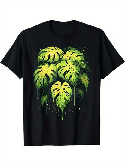Men's Graphic T-Shirt Tropical Green Leaves Dripping Water Under Dark Night Monstera Leaf