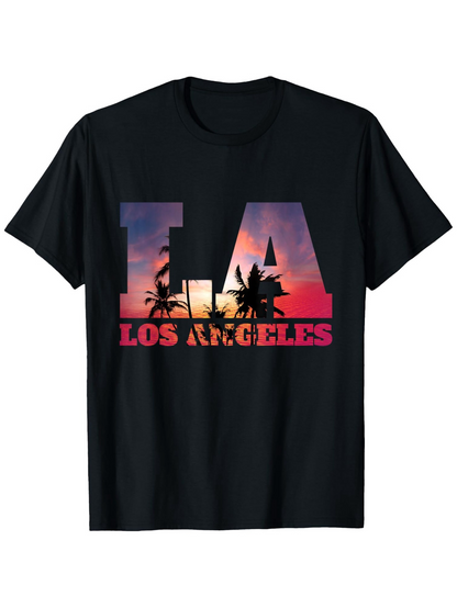 Men's Graphic T-Shirt Los Angeles Sunset Palms With Vibrant Evening Glow Skyline