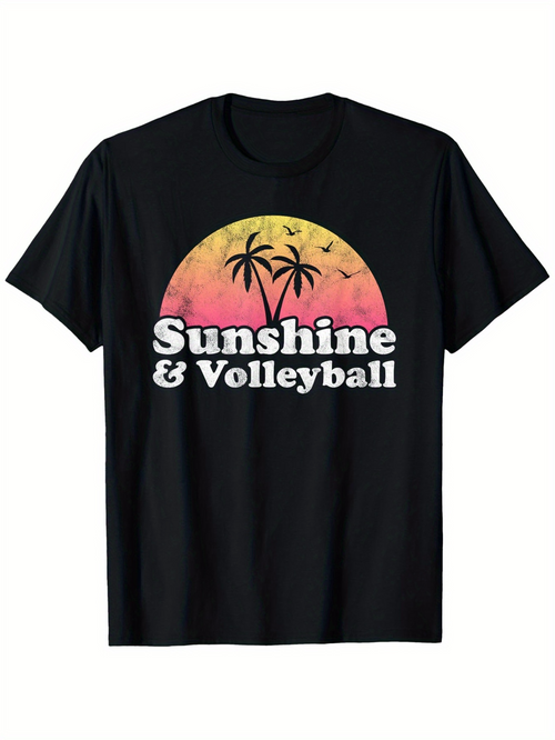 Men's Graphic T-Shirt Sunshine Volleyball With Palm Trees Birds And Sunset Silhouette Scene