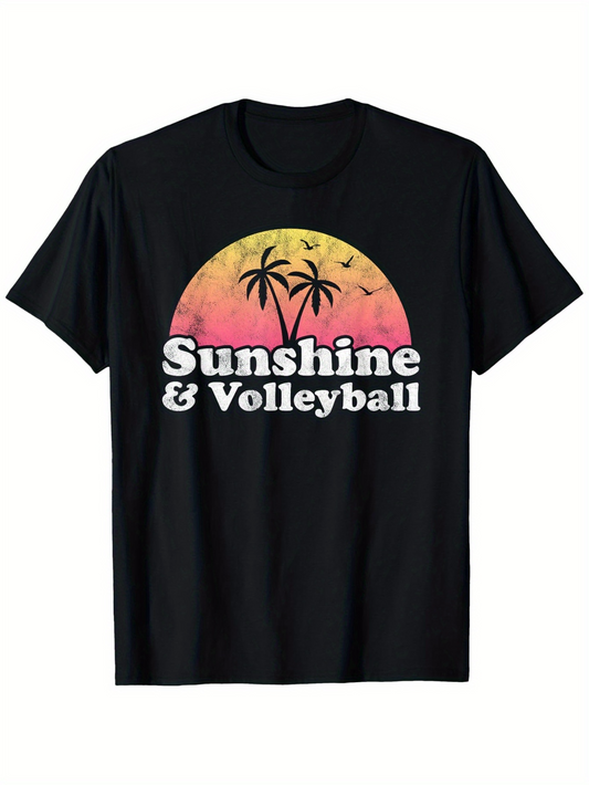 Men's Graphic T-Shirt Sunshine Volleyball With Palm Trees Birds And Sunset Silhouette Scene