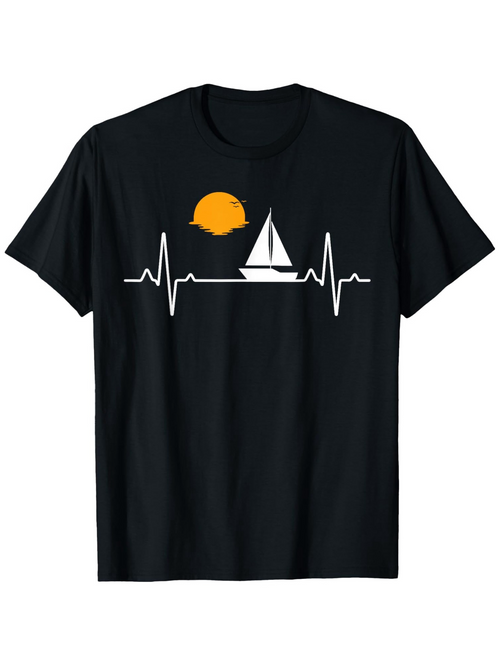 Men's Graphic T-Shirt Vivid Sunset With Heartbeat Line And Calm Sailing Boat