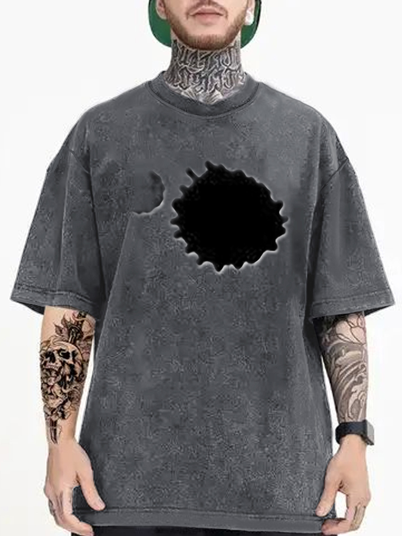 Men's Graphic T-Shirt Distressed Grunge Texture With Irregular Black Ink Stain Hole