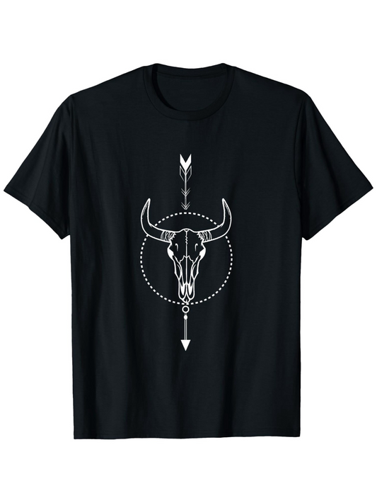 Men's Graphic T-Shirt Symmetrical Arrow With Tribal Dotted Circle Surrounding Bull Skull