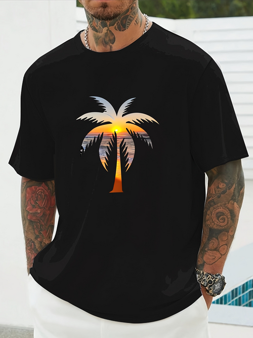 Men's Graphic T-Shirt Sunset Colors With Dramatic Silhouette Palm Tree Reflected Underneath Palm Tree