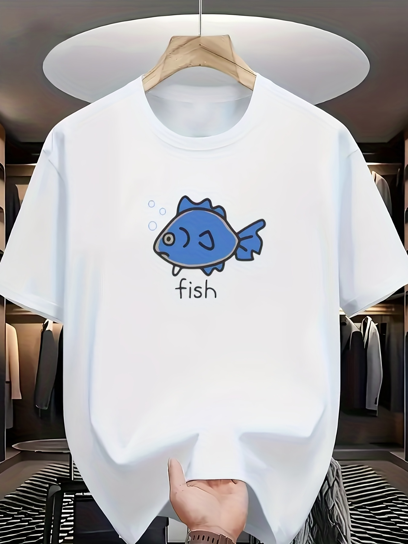 Men's Graphic T-Shirt Playful Cartoon Blue Drawing With Simple Bubble Fish