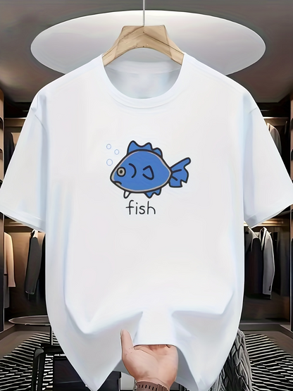 Men's Graphic T-Shirt Playful Cartoon Blue Drawing With Simple Bubble Fish