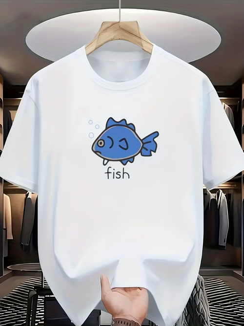 Men's Graphic T-Shirt Playful Cartoon Blue Drawing With Simple Bubble Fish