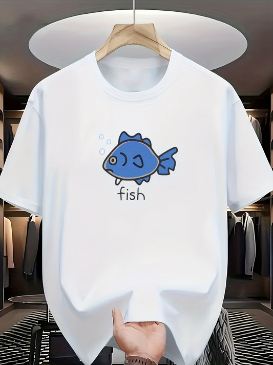 Men's Graphic T-Shirt Playful Cartoon Blue Drawing With Simple Bubble Fish