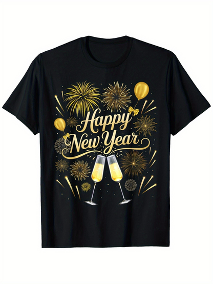 Men's Graphic T-Shirt Happy New Year Fireworks With Champagne Glasses And Gold Balloons