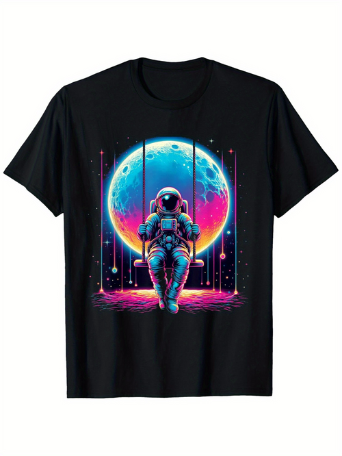 Men's Graphic T-Shirt Colorful Cosmic Landscape With Astronaut Swinging Below A Glowing Moon