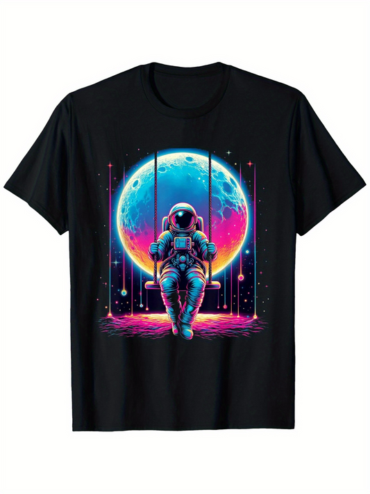 Men's Graphic T-Shirt Colorful Cosmic Landscape With Astronaut Swinging Below A Glowing Moon