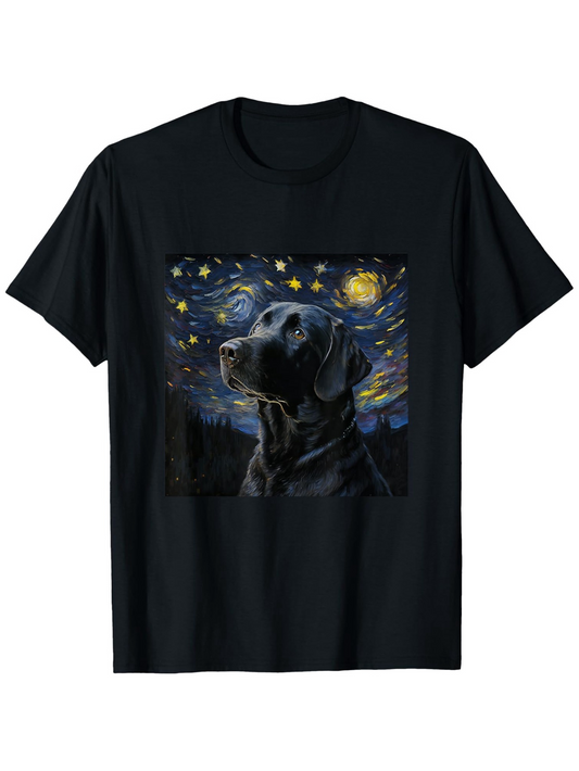 Men's Graphic T-Shirt Starry Night With Swirling Sky Surrounding A Black Labrador Dog