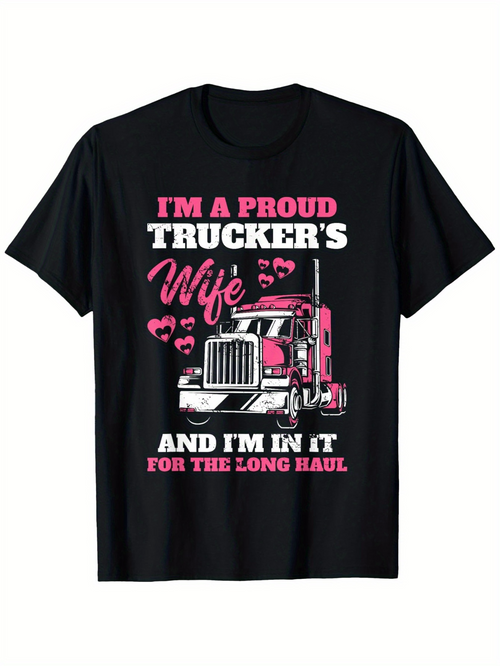 Men's Graphic T-Shirt Im A Proud Truckers Wife With Pink Lipstick Kisses And Graphic Road Haul Truck