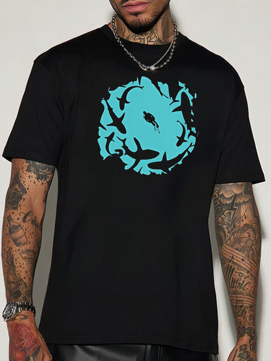 Men's Graphic T-Shirt Swirling Blue Oceanic Shadows Encircling Graceful Shark