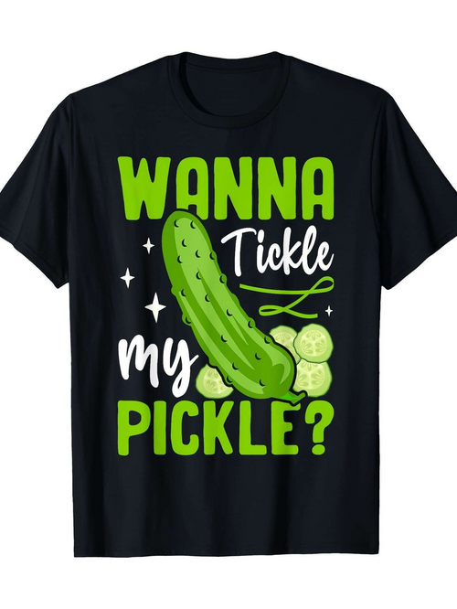 Men's Graphic T-Shirt Wanna Tickle My Pickle Bright Green Cartoon Vegetable Surrounded By Sliced Pieces Pickle