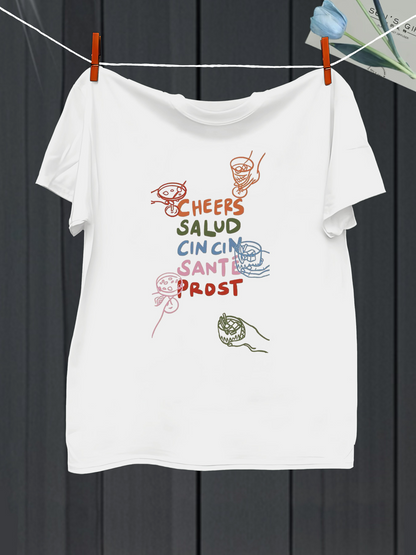 Men's Graphic T-Shirt Cheers Salud Cin Cin Sante Prost With Hand Drawn Colorful Cocktail Glasses