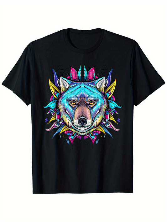 Men's Graphic T-Shirt Vivid Colorful Feathers Surrounding a Majestic Blue Wolf Face