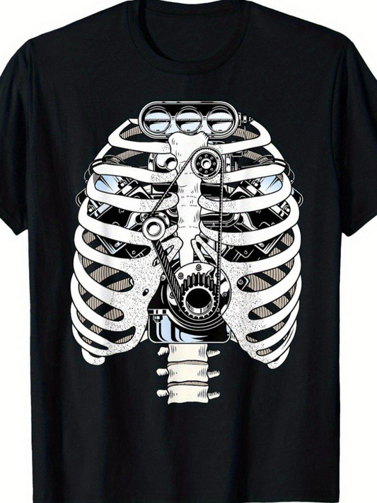 Men's Graphic T-Shirt Mechanical Bones With Metallic Gears Among Stylized Ribcage Structure Skeleton