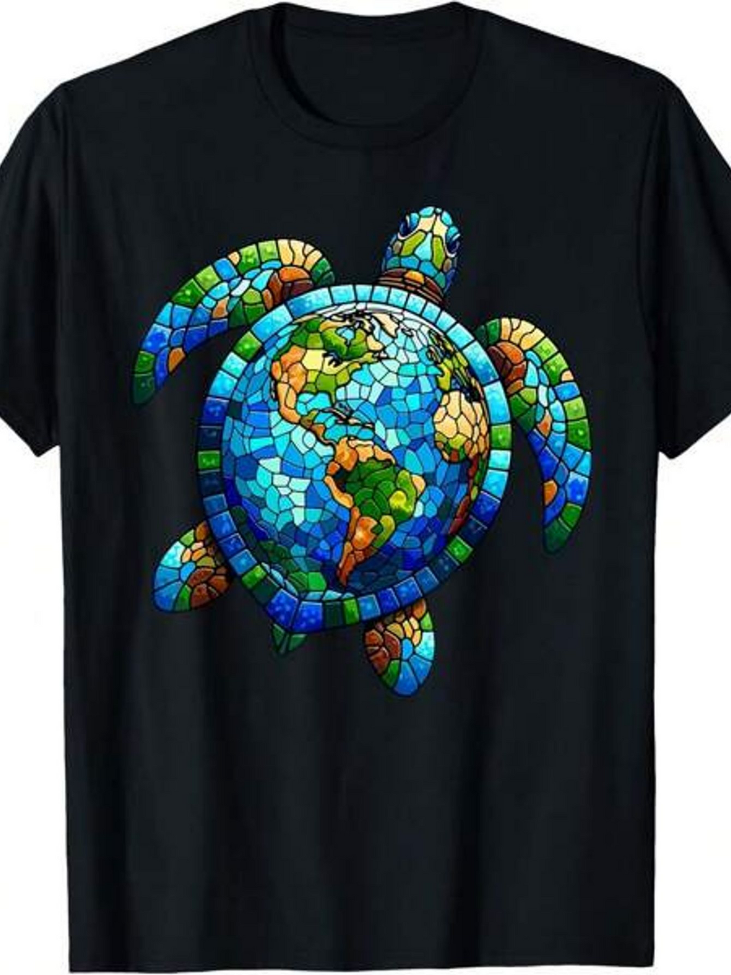 Men's Graphic T-Shirt Mosaic World Map Colors Forming A Vibrant Sea Turtle