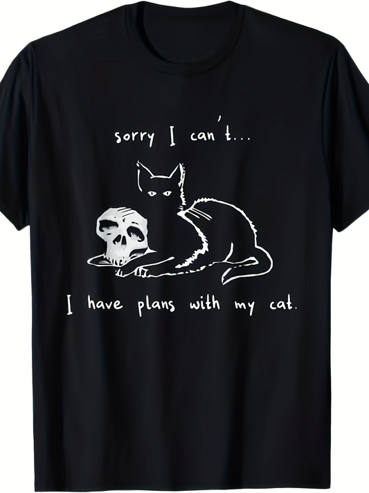 Men's Graphic T-Shirt Sorry I Cant I Have Plans With My Cat With Hand Drawn Line Art Cat Resting Beside Skull