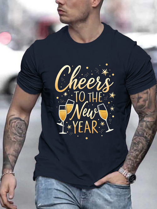 Men's Graphic T-Shirt Cheers To The New Year Sparkling Champagne Glasses With Festive Golden Stars