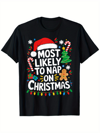 Men's Graphic T-Shirt Most Likely To Nap On Christmas With Candy Cane And Gingerbread Under Festive Lights