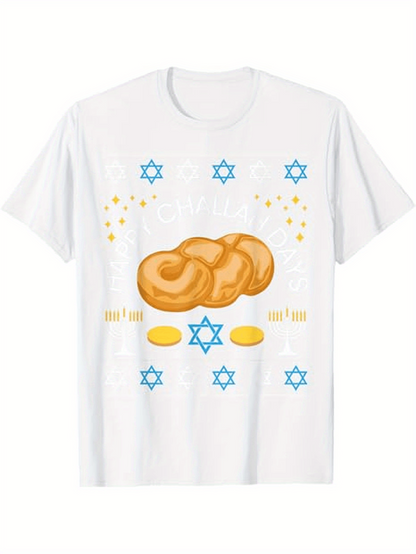 Men's Graphic T-Shirt Golden Challah Loaf Among Blue Stars With Coins And Festive Light Bread