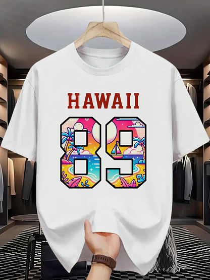 Men's Graphic T-Shirt Hawaii Sunset Beach View Inside Bold Number 89