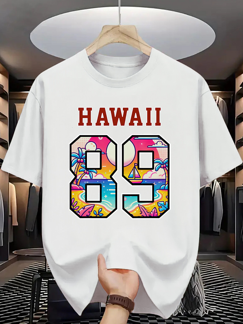 Men's Graphic T-Shirt Hawaii Sunset Beach View Inside Bold Number 89