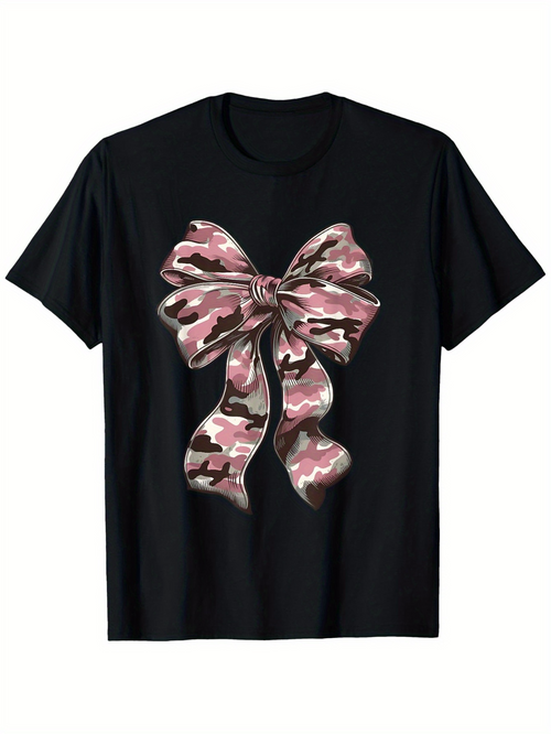 Men's Graphic T-Shirt Pink Camouflage Ribbon Bow With Glossy Accents On Black Shirt Bow