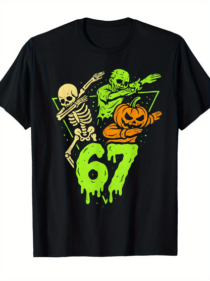 Men's Graphic T-Shirt Neon Halloween Dab With Skeleton Pumpkin And Creepy Zombie