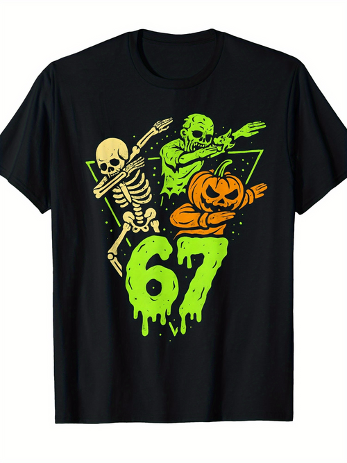 Men's Graphic T-Shirt Neon Halloween Dab With Skeleton Pumpkin And Creepy Zombie